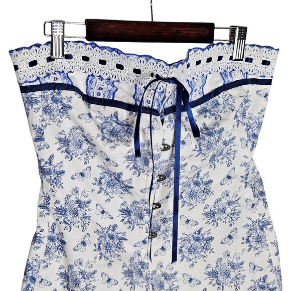 With Jean Sabrin Toile Papillon Strapless Floral Blue White Mini Dress Size M - Picture 6 of 13